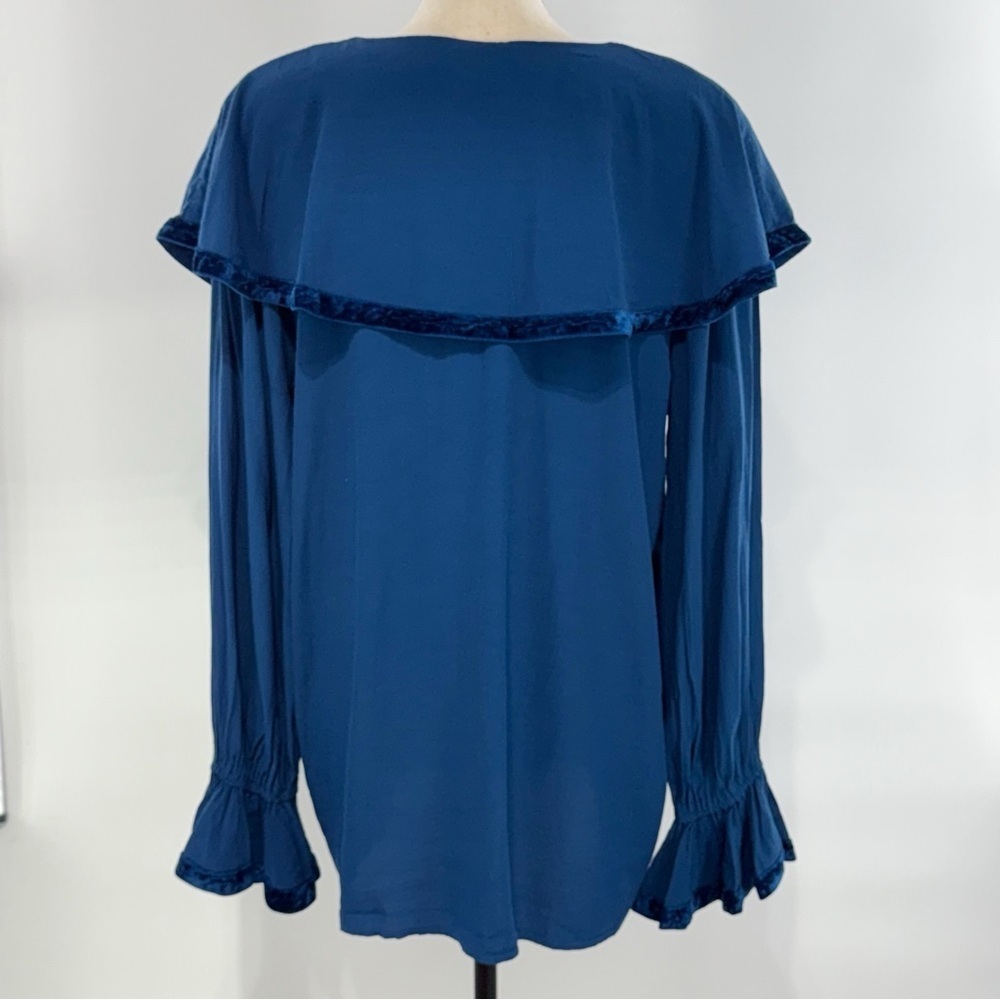 Hairston Roberson Ropa Blue Rayon Blouse Velvet Trim Ruffle Sleeve Women’s Large - Picture 8 of 10